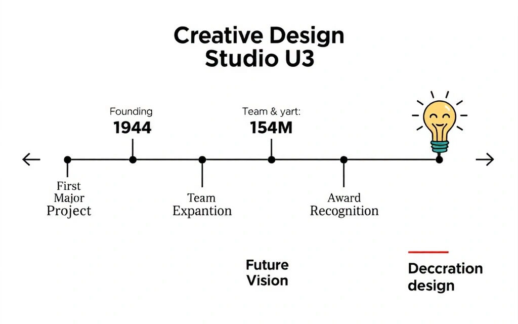A timeline illustration showing milestones in designloom's history, with small icons and dates.