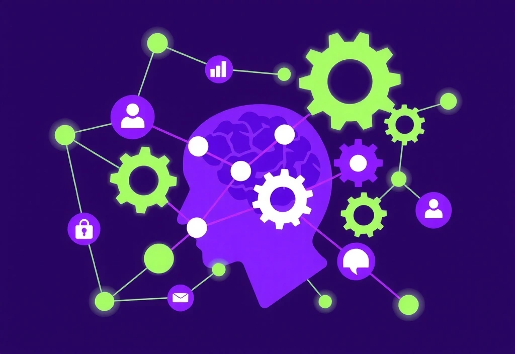 Abstract illustration of digital knowledge and insights, gears turning with data points