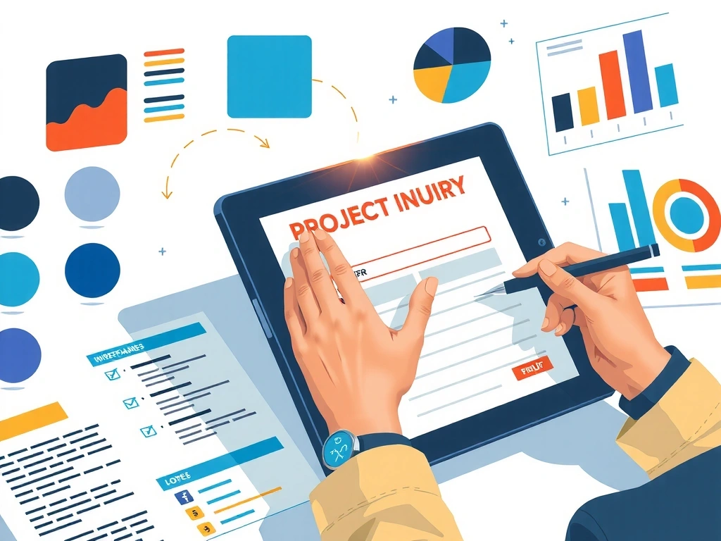 Illustration of a person filling out a detailed project inquiry form on a tablet with design elements in the background