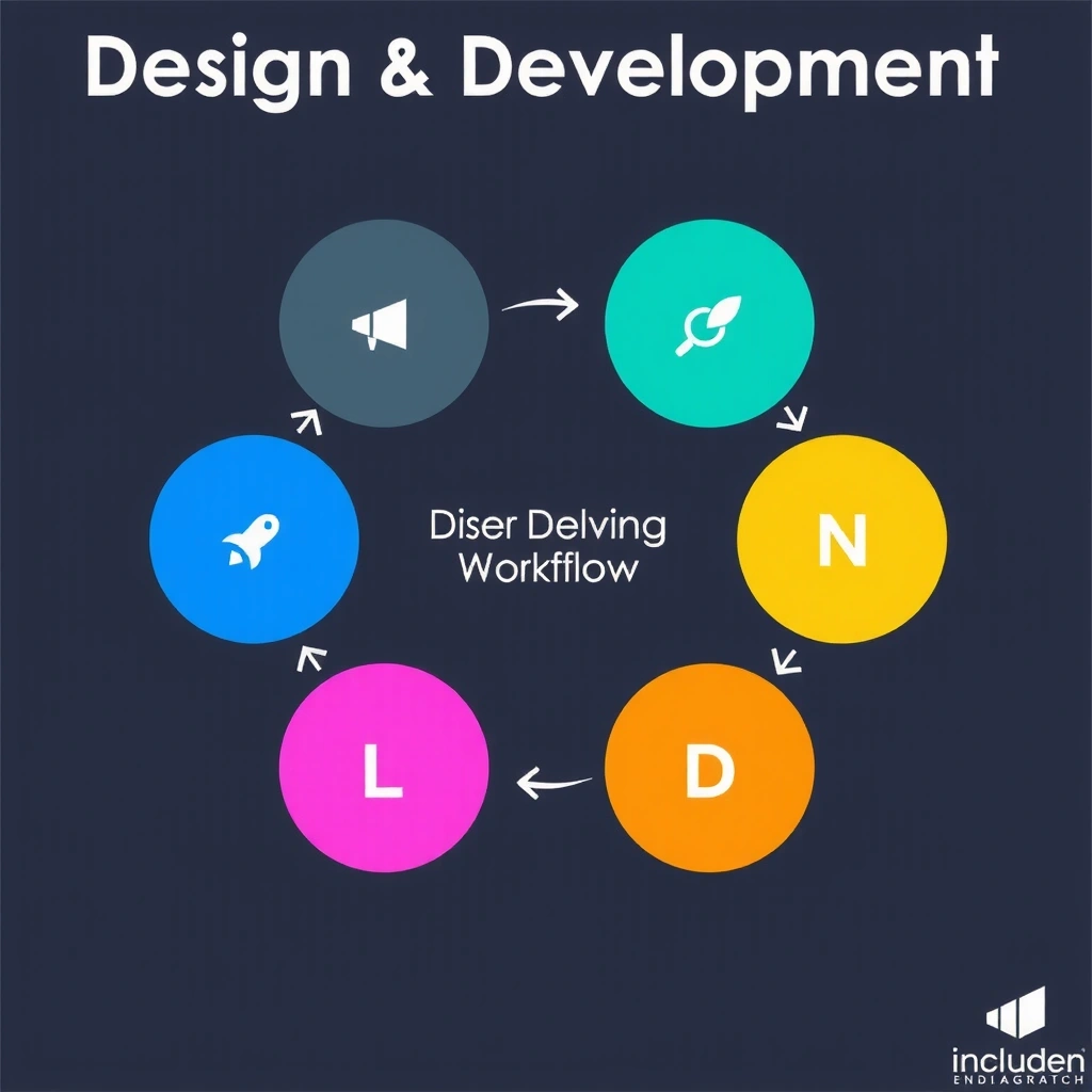 Design and development process workflow with interconnected icons