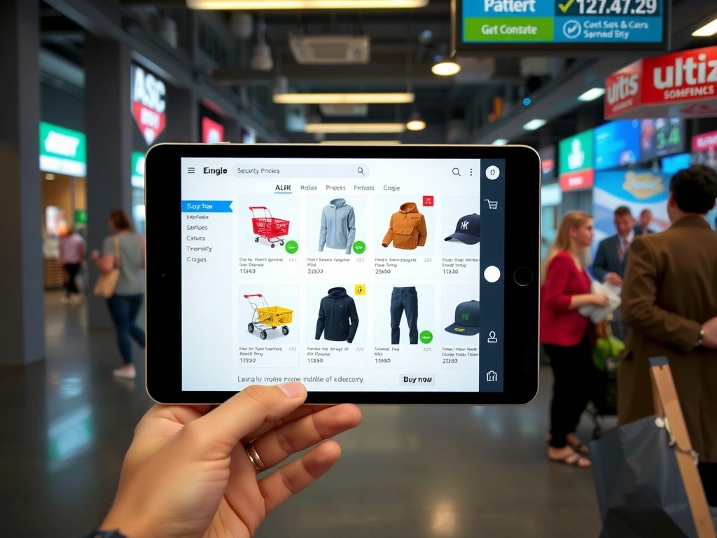 A vibrant e-commerce website displayed on a tablet, with various product images, a shopping cart icon, and a 'buy now' button. The background suggests a busy online marketplace with data flowing. Emphasize security, user-friendliness, and conversion. No text.
