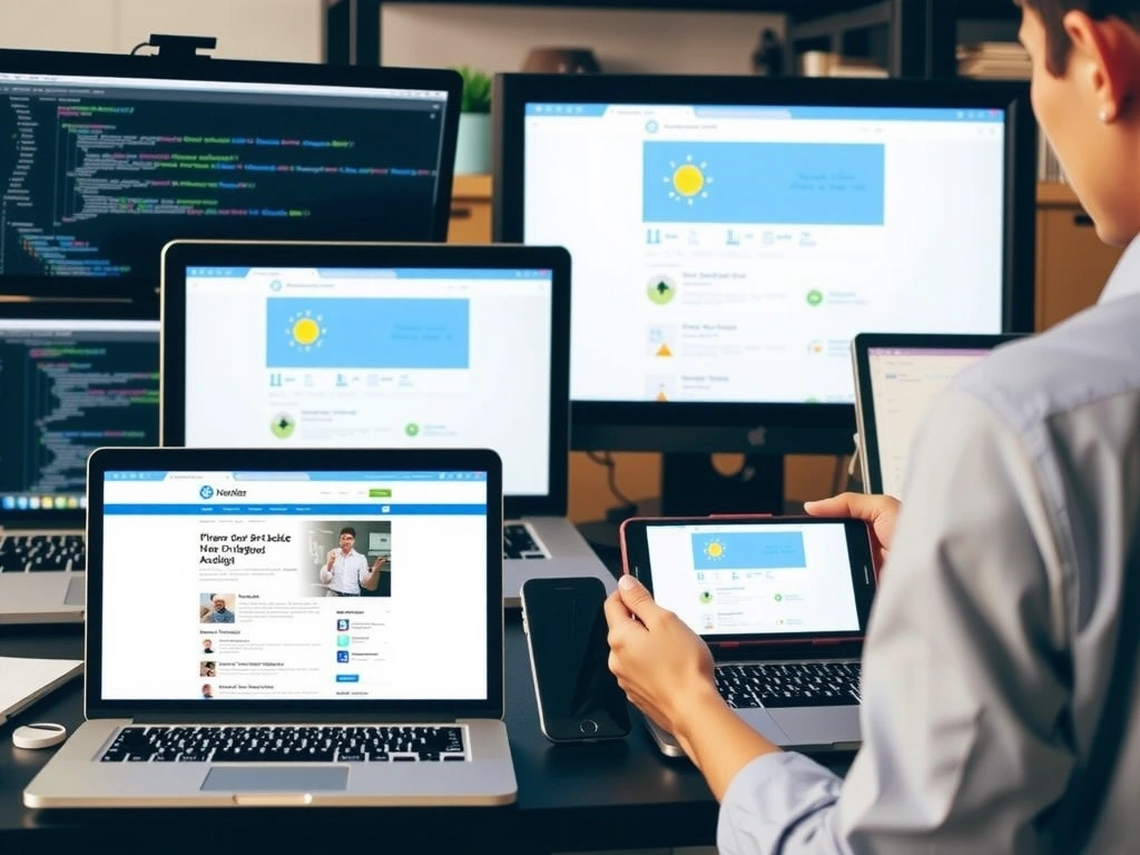 A developer working on a responsive web design on multiple screens, showing various devices like a laptop, tablet, and smartphone. The screens display modern website layouts with code snippets in the background. Focus on clean lines and a professional, tech-savvy aesthetic. No text.