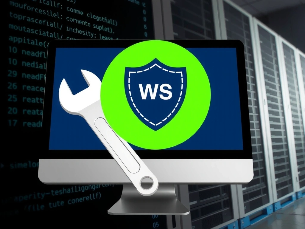 A wrench and a shield icon on a computer screen, symbolizing website maintenance and security. The background shows code and server racks, conveying technical support and reliability. Focus on a clean, reassuring, and professional image. No text.