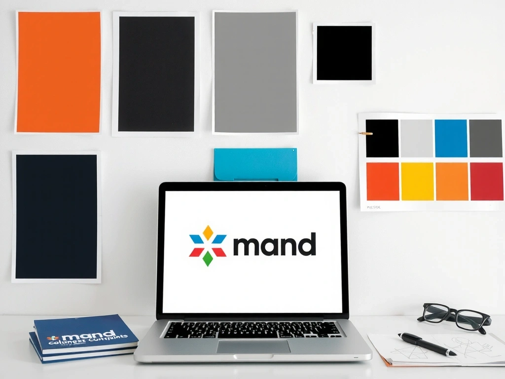 A creative workspace with mood boards, color swatches, and sketches for a new brand identity. A laptop shows a modern logo design in progress. Focus on the artistic process of brand creation, with a blend of digital and physical elements. No text.
