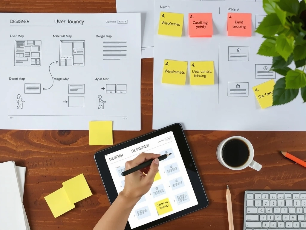 A designer's desk with wireframes, user journey maps, and sticky notes illustrating the UI/UX design process. A hand is holding a stylus, sketching on a tablet. Emphasize creativity, user-centric thinking, and attention to detail. No text.