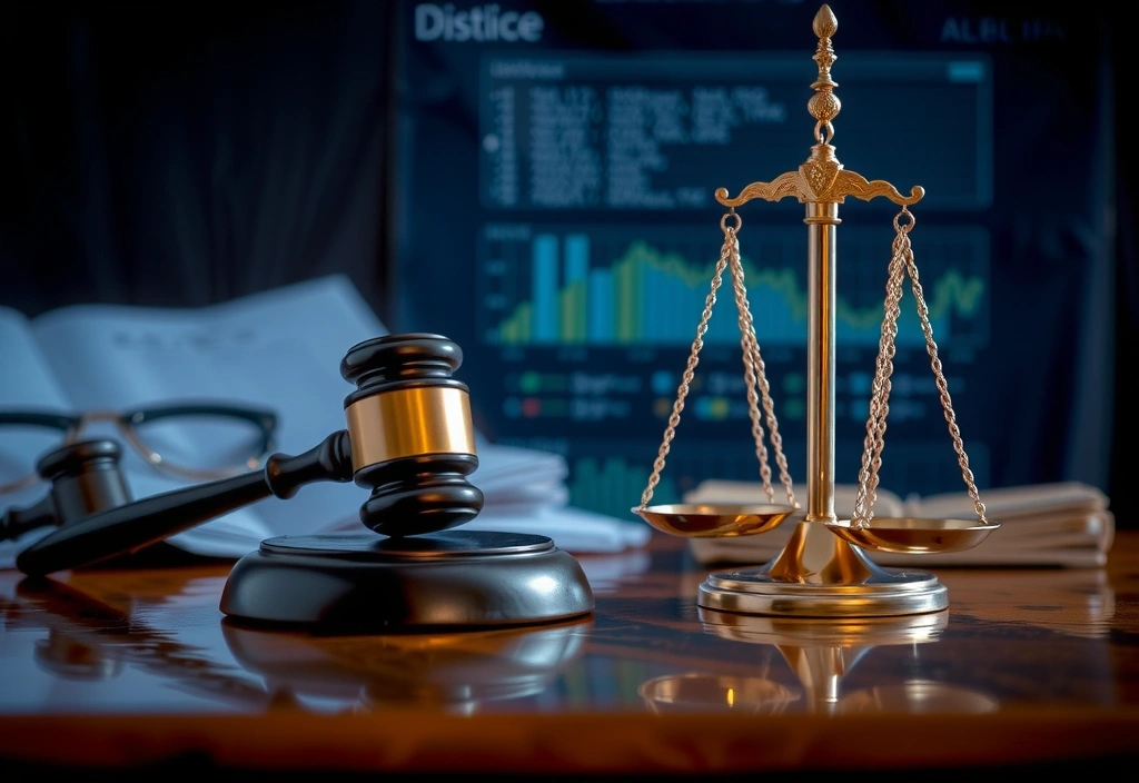 Stylized gavel and balance scales, representing legal resolution