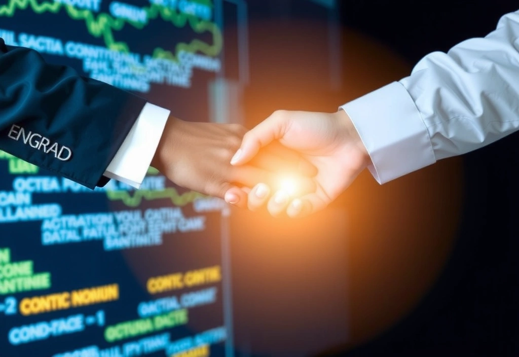 Two hands shaking over a digital interface, symbolizing agreement